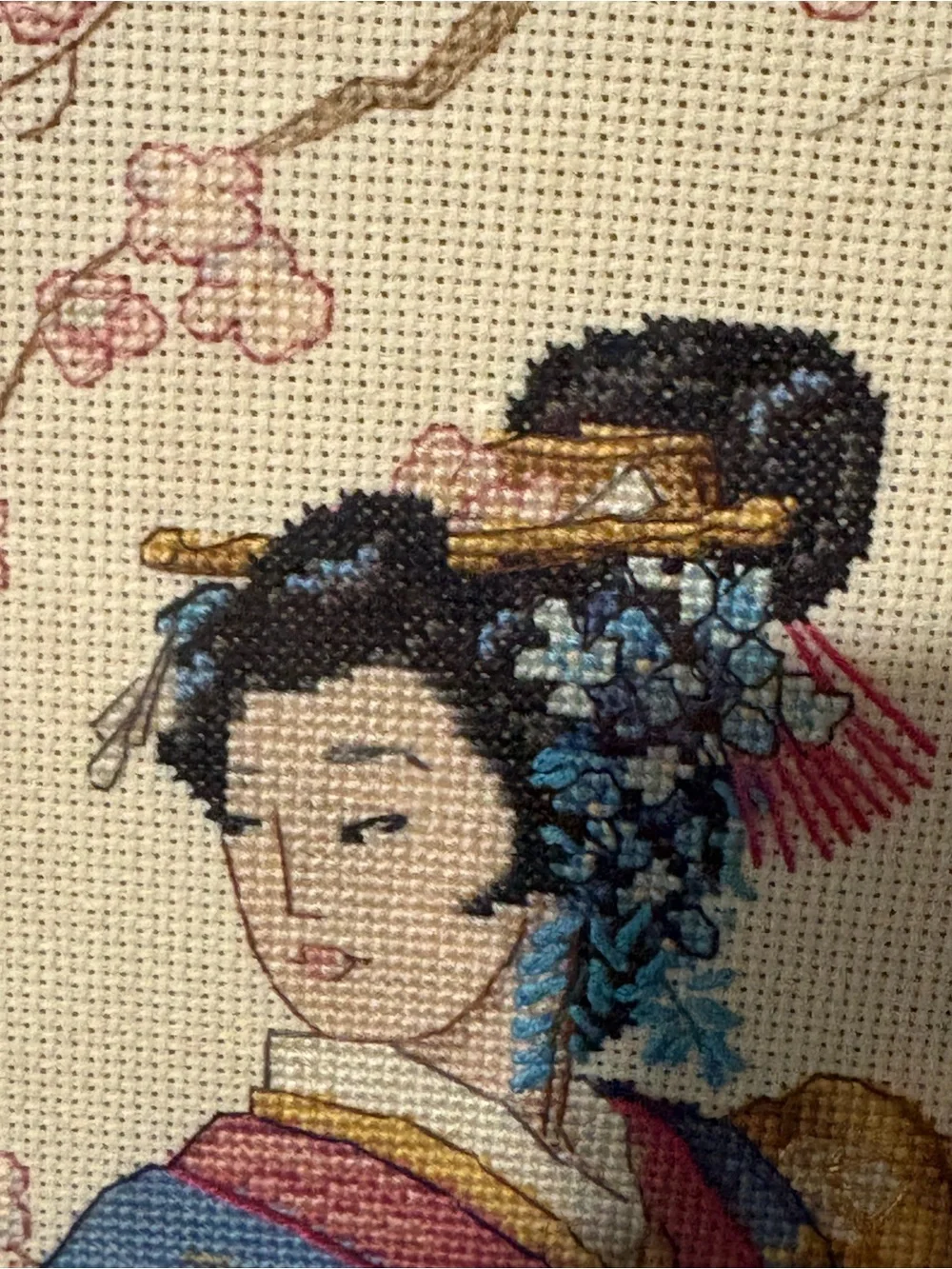 Vintage needlepoint, Japanese geisha, framed Asian art